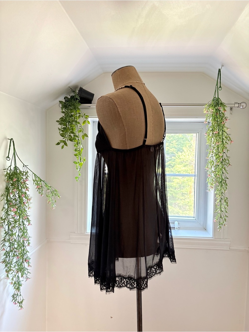 La Vie En Rose Black Sheer Lace-Trim Chemise with Embellished Straps - Picture 2 of 5
